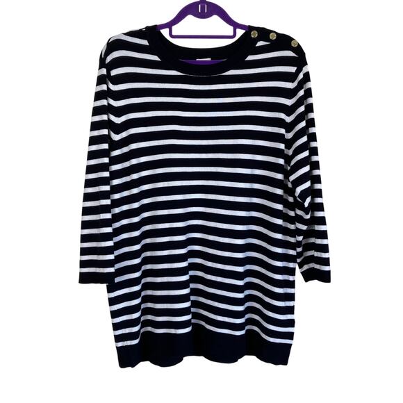 Anne Klein Sz 2X Nautical Striped Fine-knit Sweater W Gold Buttons Navy White - Picture 1 of 16